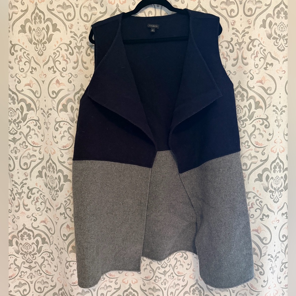 Talbots Two-Tone Navy Blue and Gray Sleeveless Cardigan Wool Vest